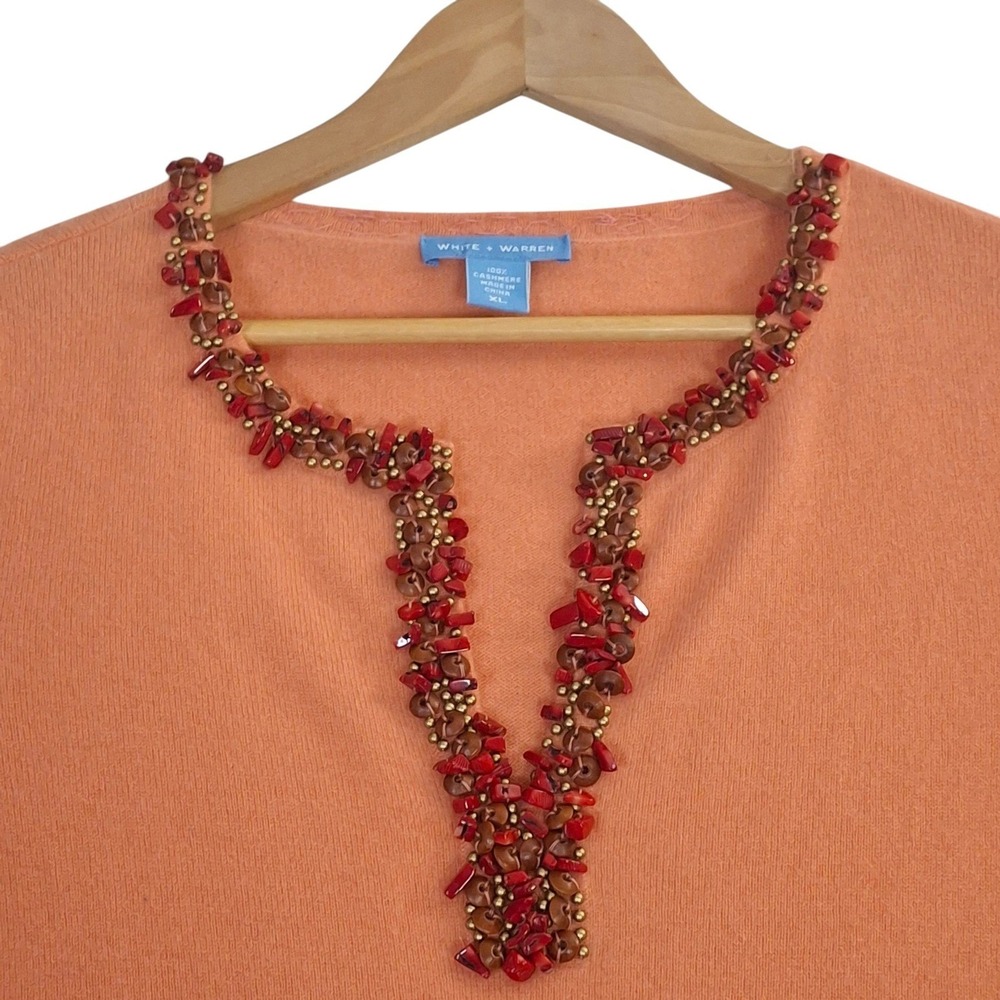White + Warren Cashmere Sweater XL Coral Orange Beaded Split Neck Pullover